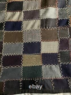 Antique Vintage Wool Patchwork Quilt 1920's Hand Embroidered Old Suit Fabric