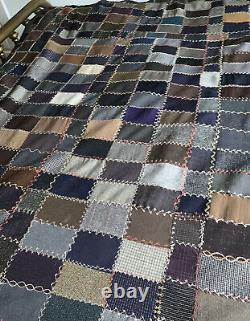 Antique Vintage Wool Patchwork Quilt 1920's Hand Embroidered Old Suit Fabric