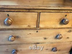 Antique Vtg English Pine Old 1800s Chest Of Drawers Dresser Cabinet with Mirror