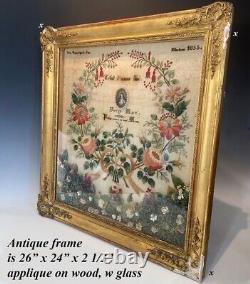 Antique c. 1855 French Embroidery Sampler, signed by 11-yr Old Girl, Gesso Frame