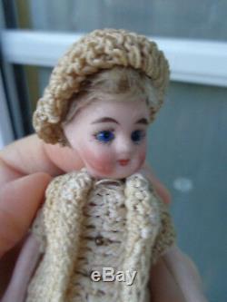 Antique dollhouse doll dated about 1900 mignonette with closed mouth & old dress