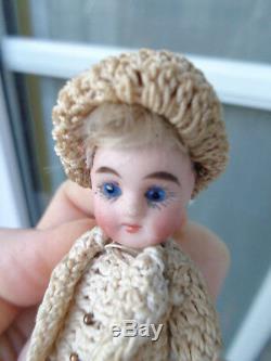 Antique dollhouse doll dated about 1900 mignonette with closed mouth & old dress