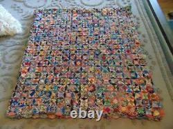 Antique early 1900's hand stitched PATCHWORK QUILT top colorful intricate 76x82