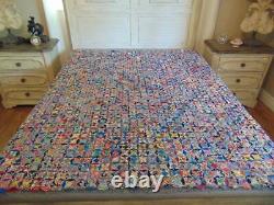 Antique early 1900's hand stitched PATCHWORK QUILT top colorful intricate 76x82