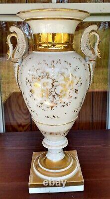 Antique large old paris porcelain urn / vase french empire swan handles gold