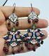 Antique vintage Old Silver enameled Silver Earring with stone inlay