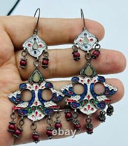 Antique vintage Old Silver enameled Silver Earring with stone inlay