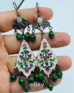 Antique vintage Old Silver enameled Silver Earring with stone inlay