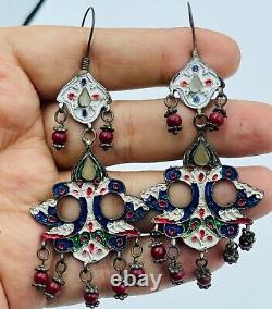 Antique vintage Old Silver enameled Silver Earring with stone inlay