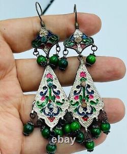 Antique vintage Old Silver enameled Silver Earring with stone inlay