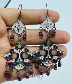 Antique vintage Old Silver enameled Silver Earring with stone inlay