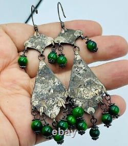 Antique vintage Old Silver enameled Silver Earring with stone inlay