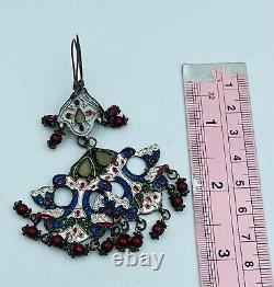 Antique vintage Old Silver enameled Silver Earring with stone inlay