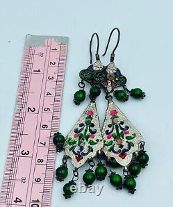 Antique vintage Old Silver enameled Silver Earring with stone inlay