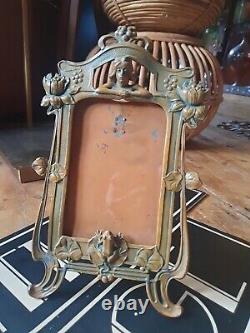 Antique vintage old Art nouveau metal maiden frog copper picture photo frame