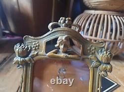 Antique vintage old Art nouveau metal maiden frog copper picture photo frame