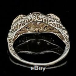 Art Deco Old European Cut Diamond Three Stone Ring 14k White Gold Filigree Gift