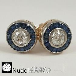 Art Deco Round Earrings With Sapphires And Old Cut Diamonds 18k Gold Screw Stud