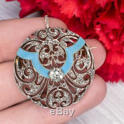 Art Nouveau 1.25 Vs Old Mine Rose Cut Diamond Turquoise Pendant Vintage Necklace