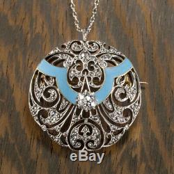 Art Nouveau 1.25 Vs Old Mine Rose Cut Diamond Turquoise Pendant Vintage Necklace