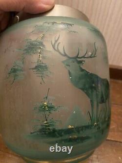 Beautiful Old Antique Glass Biscuit Bucket Painted Motif of Moose in Woods