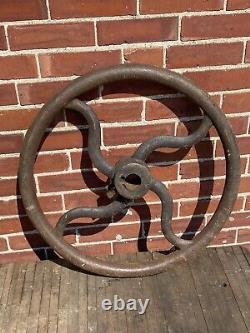C. 1890 Iron Fly Wheel, Ornate Spokes, No Cracks 22 Dia & 44 Lbs, Old Factory