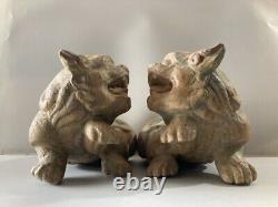 Chinese Antique Vintage Old Wood Carving Lion Statues A Pair Decor Sculpture Art