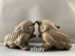 Chinese Antique Vintage Old Wood Carving Lion Statues A Pair Decor Sculpture Art