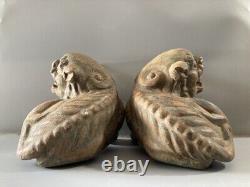 Chinese Antique Vintage Old Wood Carving Lion Statues A Pair Decor Sculpture Art