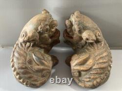 Chinese Antique Vintage Old Wood Carving Lion Statues A Pair Decor Sculpture Art