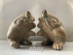 Chinese Antique Vintage Old Wood Carving Lion Statues A Pair Decor Sculpture Art