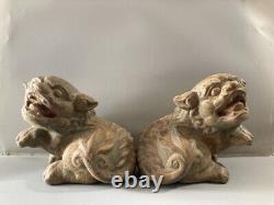 Chinese Antique Vintage Old Wood Carving Lion Statues A Pair Decor Sculpture Art