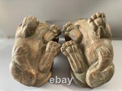 Chinese Antique Vintage Old Wood Carving Lion Statues A Pair Decor Sculpture Art