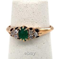 Circa 1900 14K Rose Gold Ring SZ 6 w Oval Emerald & Old Mine Cut Diamonds, 1.8g