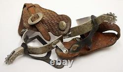 Crocket Old Cowboy Western Boot Spurs Engraved Silver Overly Panel Antique Vtg