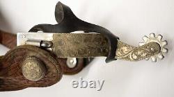 Crocket Old Cowboy Western Boot Spurs Engraved Silver Overly Panel Antique Vtg