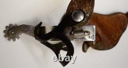 Crocket Old Cowboy Western Boot Spurs Engraved Silver Overly Panel Antique Vtg