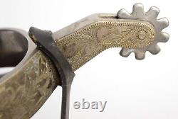 Crocket Old Cowboy Western Boot Spurs Engraved Silver Overly Panel Antique Vtg