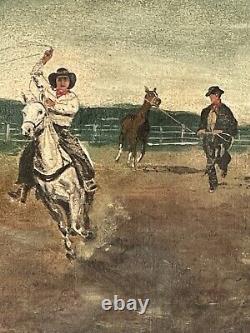 Fantastic Antique Cowboy Western Impressionist Oil Painting Old Vintage Horses