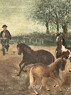 Fantastic Antique Cowboy Western Impressionist Oil Painting Old Vintage Horses