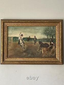Fantastic Antique Cowboy Western Impressionist Oil Painting Old Vintage Horses