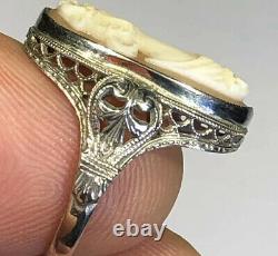 Filigree Cameo Ring Antique Old Vintage Hand Carved Cameo 14K White Gold B64