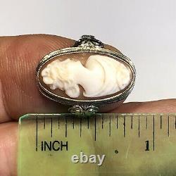 Filigree Cameo Ring Antique Old Vintage Hand Carved Cameo 14K White Gold B64