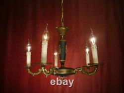 Fine 5 Light Brass Empire Chandelier Dark Green Varnish Lamp French Old Ø 20