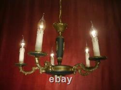 Fine 5 Light Brass Empire Chandelier Dark Green Varnish Lamp French Old Ø 20