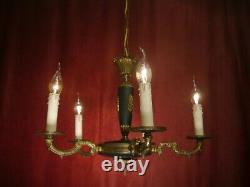 Fine 5 Light Brass Empire Chandelier Dark Green Varnish Lamp French Old Ø 20