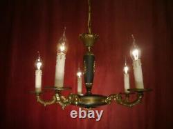 Fine 5 Light Brass Empire Chandelier Dark Green Varnish Lamp French Old Ø 20