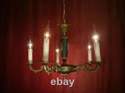 Fine 5 Light Brass Empire Chandelier Dark Green Varnish Lamp French Old Ø 20