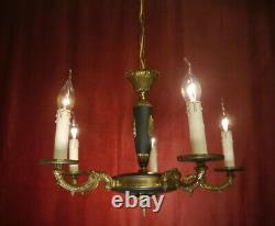 Fine 5 Light Brass Empire Chandelier Dark Green Varnish Lamp French Old Ø 20