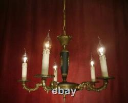 Fine 5 Light Brass Empire Chandelier Dark Green Varnish Lamp French Old Ø 20